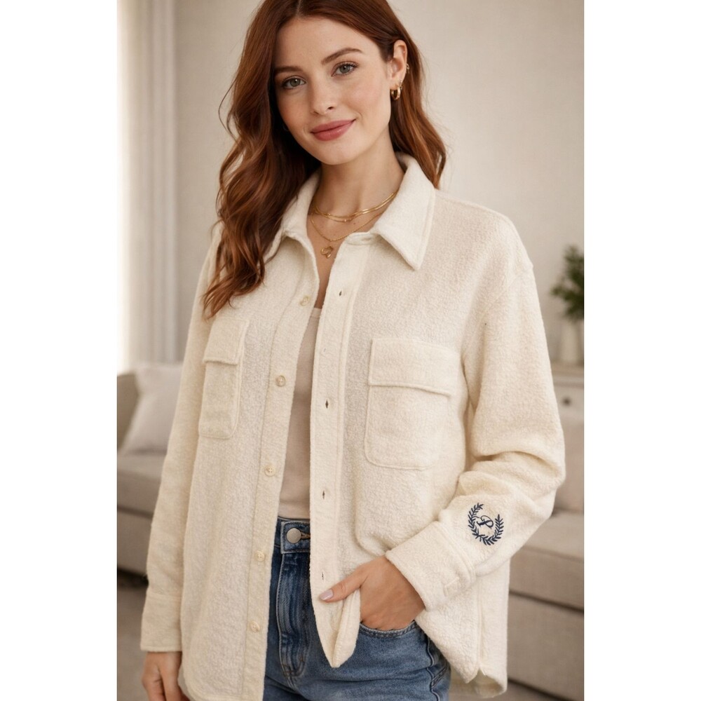 NEW PINK Victoria's Secret Shirt Shacket Button Up Cream Ivory Sherpa Sz Large